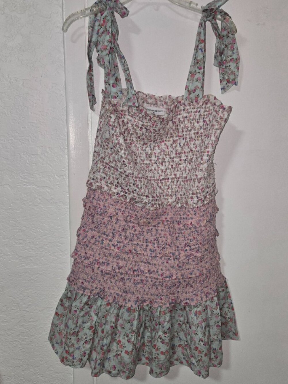 LoveShackFancy XL Floral Smocked Tie Shoulder Mini Dress Cottagecore - Picture 2 of 10